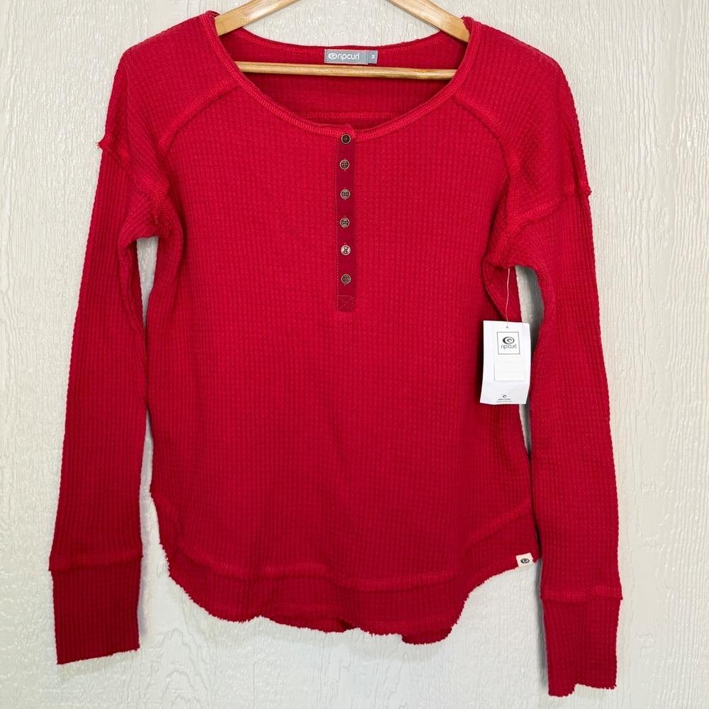 Rip Curl Surf Bound Henley Red Waffle Knit Long Sleeve Top Size Medium New